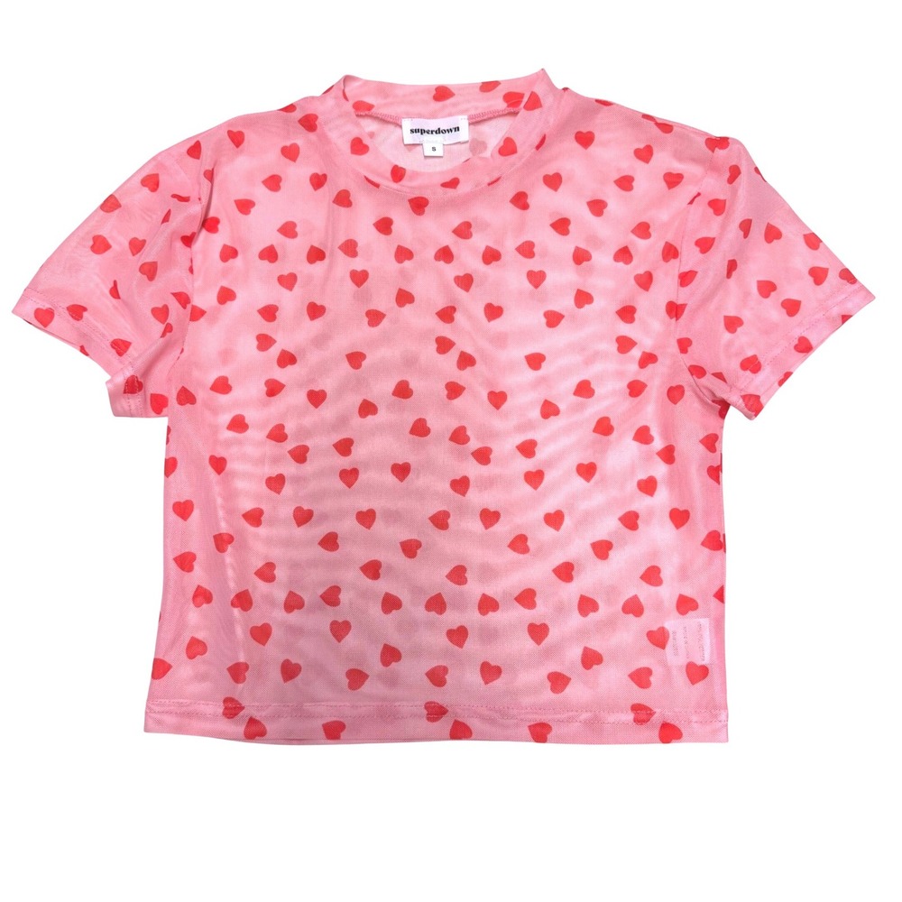 Superdown Pink Mesh Heart Print Sheer Crop Top Short Sleeve Crew Neck Small‎